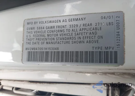 2001 Volkswagen Eurovan Mv из США, поврежденный, VIN WV2MB47051H153048